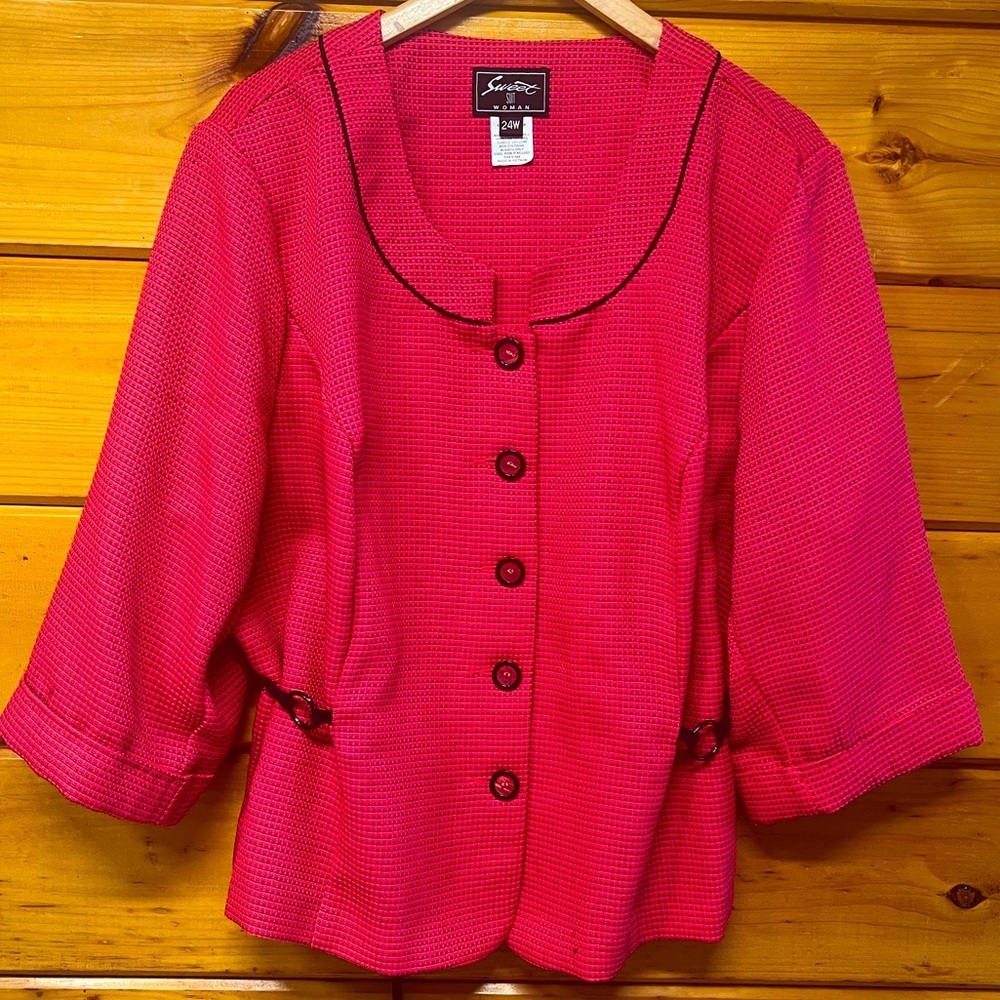 VTG Sweet Suit Women Red Black 3/4 Sleeve Jacket Blazer W belt Womens Plus 24W